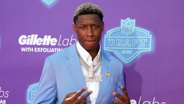 New York Jets CB Ahmad Gardner on red carpet at 2022 NFL draft